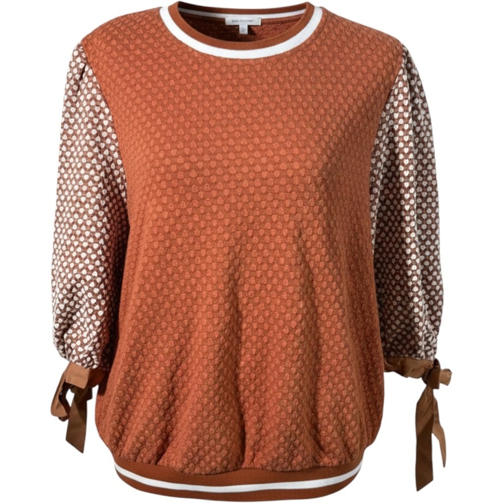 VOY Rust Orange Heart Textured Knit Top Contrast Tie Sleeve Crew Neck Large NWT